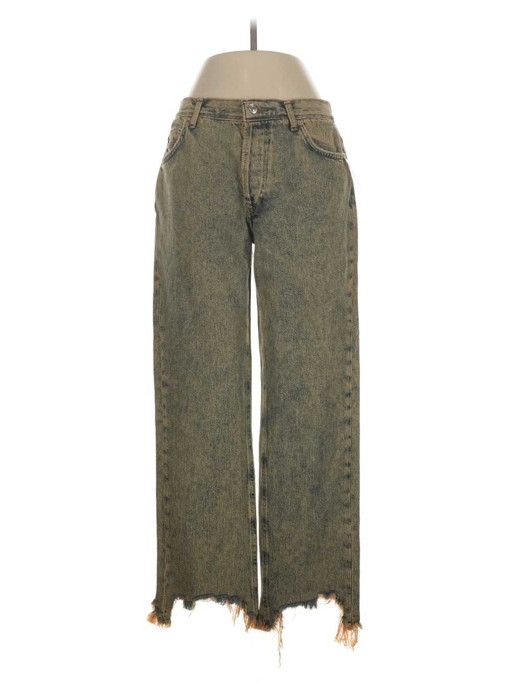Free People Olive Green Wide-Leg Jeans with Raw Hem